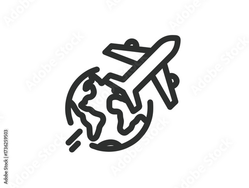 A simple, clean design shows an airplane above Earth, representing the excitement of flying and discovering new places globally. This symbol captures the essence of travel.