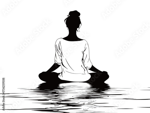 A person sits cross-legged by the water, meditating peacefully during sunrise. The calm surface reflects the tranquil scene, creating a soothing atmosphere.