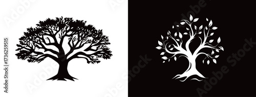 Two stylized trees are depicted, one in black with bare branches against a white background and the other in white with leaves on a black background.