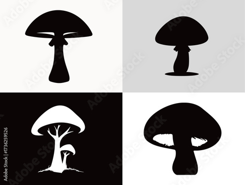 Four different silhouettes of mushrooms are arranged in a grid format, showcasing unique shapes.