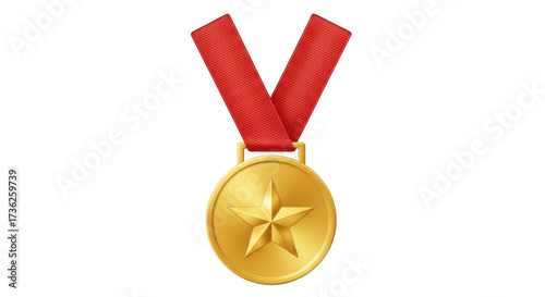Isolated gold medal with red ribbon, military honor, achievement, success, prize, award
