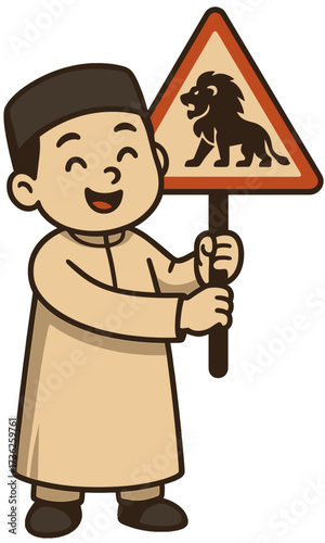 Cute Muslim Boy Cartoon Holding Lion Warning Sign