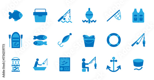 Fishing icons set with fish, fishing rod, float, net, vest, boat, bait, bucket, lifebuoy, anchor, fisherman, fishfinder, worm. Vector blue symbols for fishing and outdoor activity.