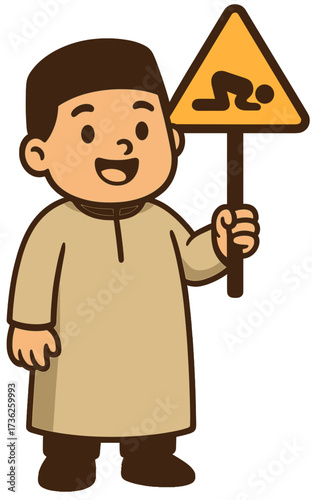Muslim Boy Cartoon Holding Prayer Sign | Islamic Kids Salah Reminder Illustration