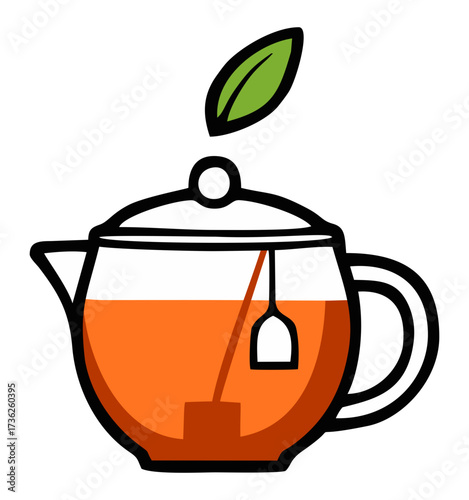 Glass teapot with teabag and tea leaf illustration. Editable color vector