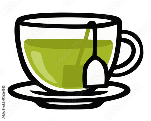 Cup of green tea matcha with tea bag illustration. Editable color vector