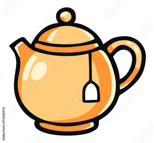 Ceramic teapot with tea bag illustration. Editable color vector