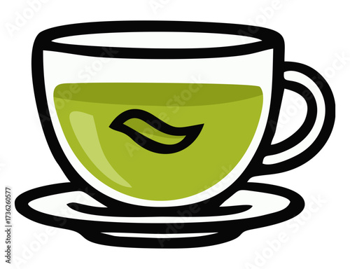 Cup of green tea matcha with tea leaf illustration. Editable color vector