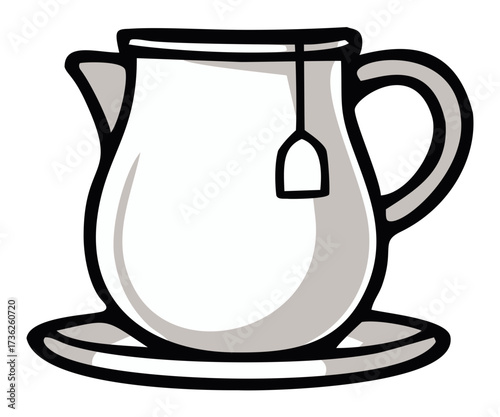 Opened porcelain teapot with tea bag illustration. Editable color vector