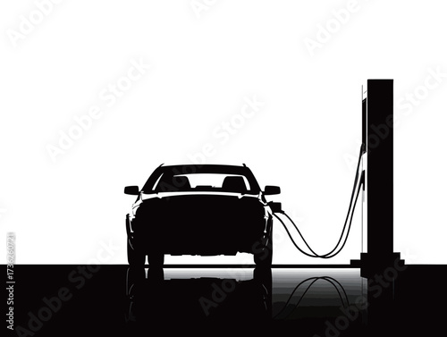 A car is being refueled at a gas station during sunset. The silhouettes of the vehicle and pump create a dramatic contrast against the bright sky.