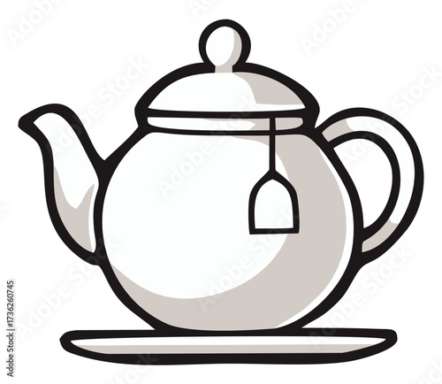 Ceramic teapot with saucer and tea bag illustration. Editable color vector