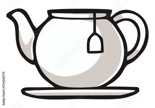 Opened ceramic teapot with saucer and teabag illustration. Editable color vector