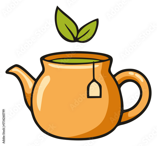 Opened clay teapot with tea leaf and teabag illustration. Editable color vector