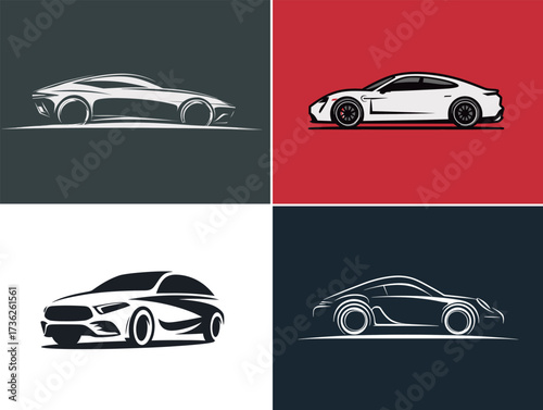 Four car silhouettes are displayed in a bold and modern style, featuring clean lines and contrasting colors. Each design highlights different car shapes and styles.