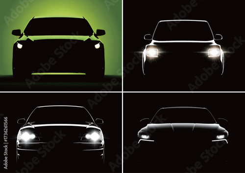 Four car silhouettes display sleek designs against a dark background with glowing headlights. The setting highlights the innovative features of each vehicle.