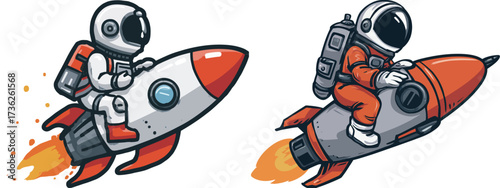 Two astronauts are joyfully riding on bright rockets, showcasing excitement and adventure in a whimsical outer space setting with colorful designs.