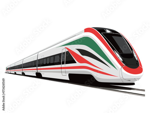 A sleek high-speed train is traveling along railway tracks under a blue sky. The train features a striking red, green, and white design.