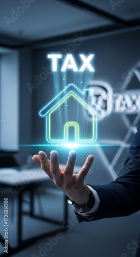 Digital tax concept hand holding holographic house with financial growth overlay symbolizing property investment
