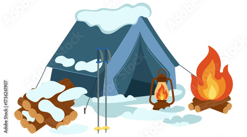 Winter camping tent with snow-covered shelter, burning campfire, lantern light, wooden logs, and ski poles. Perfect for outdoor adventure design, survival clipart, hiking elements, mountain travel 