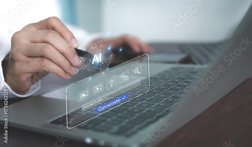 A creative professional uses a command prompt to generate multimedia content with a generative AI, creating images, videos, and text. Concept of text-to-image technology and content automation.