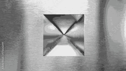 Abstract metallic surface texture with a rectangular indentation featuring reflective, geometric facets, modern industrial background
