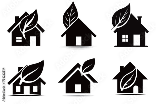 Six unique house designs incorporate leaf motifs, symbolizing sustainability and environmental awareness in art and design.