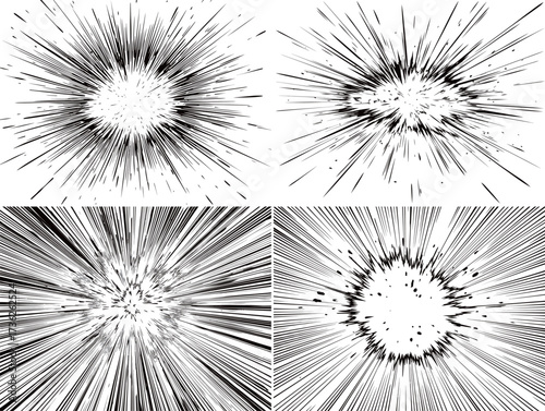 Various black and white explosion effects are displayed, featuring different shapes and lines. These graphic elements can enhance designs for comics, posters, or animations.