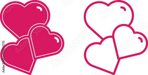 Three overlapping, conjoined heart symbols, shown in both solid pink and outline styles. Concept of love, relationship, connection, family, romance, or Valentine's Day decoration. Isolated vector on w