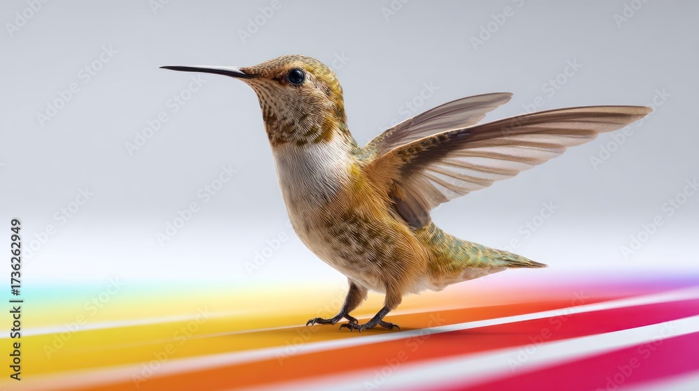 Fototapeta premium Hummingbird in flight, colorful backdrop