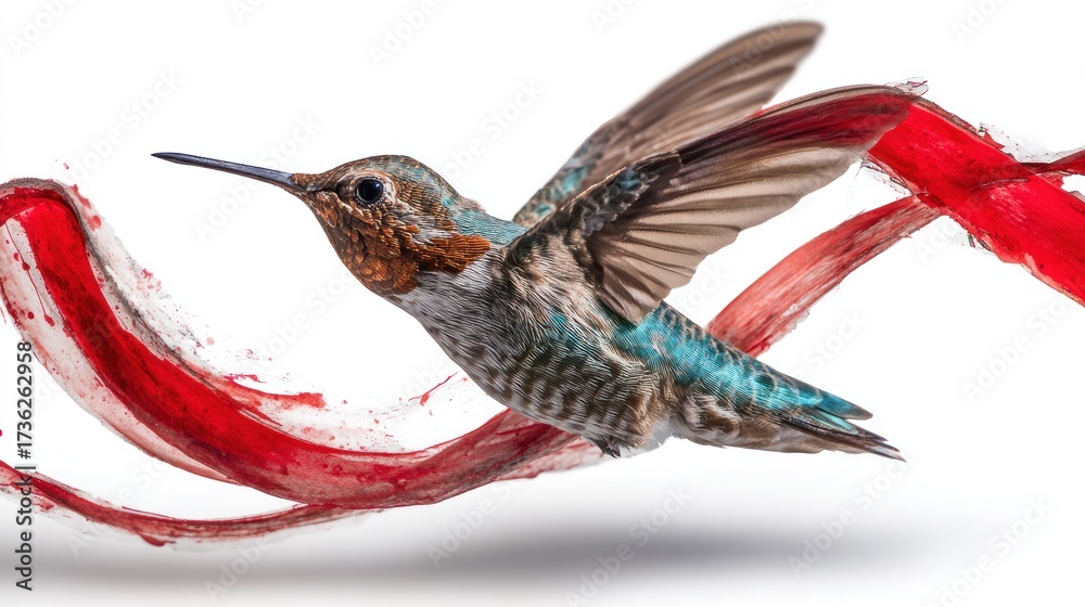 Fototapeta premium Hummingbird in flight, red paint streaks