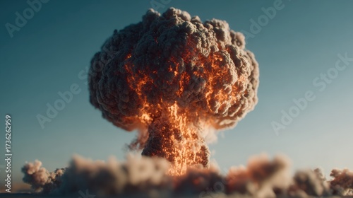 Nuclear explosion event test site digital art atmospheric visuals aerial perspective destructive power demonstration