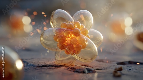 Scientific discovery atomic structure visualization laboratory digital art microcosm close-up conceptual research