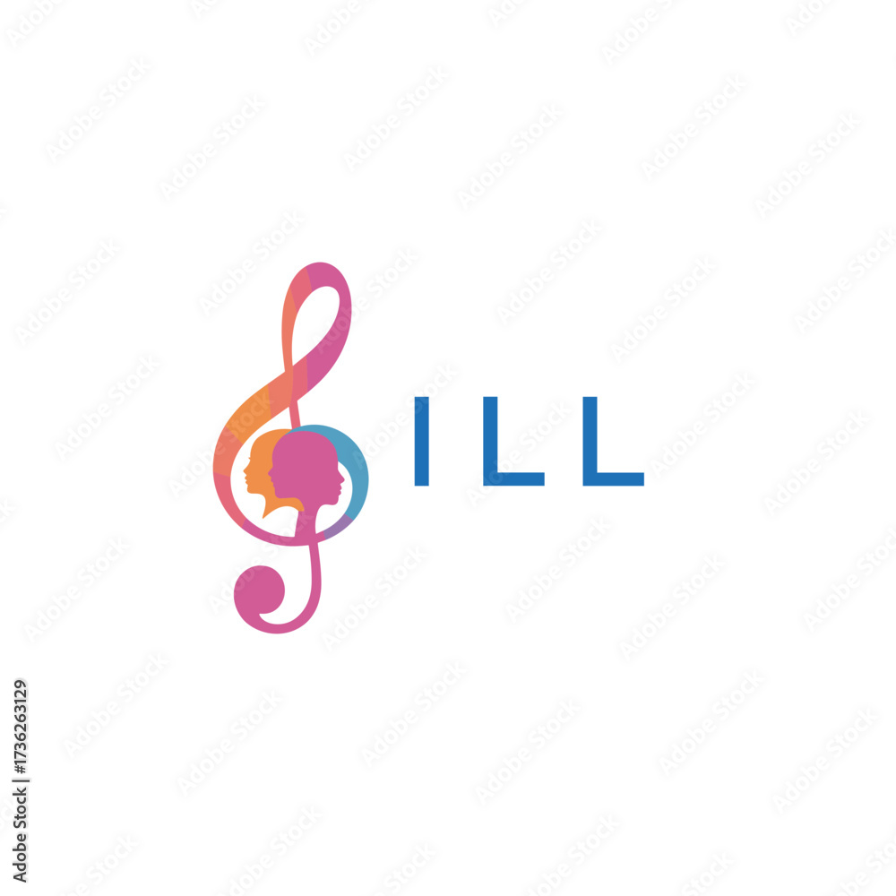 Naklejka premium “Vibrant artistic treble clef with human profiles concept” ILL Later Logo, “Creative music academy logo with silhouette heads and notes” 