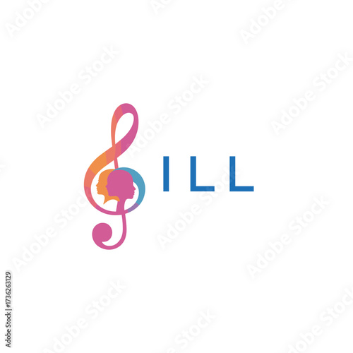 “Vibrant artistic treble clef with human profiles concept” ILL Later Logo, “Creative music academy logo with silhouette heads and notes” 
