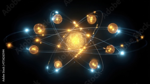 Exploring atomic structure science lab digital art dark background close-up view energy representation