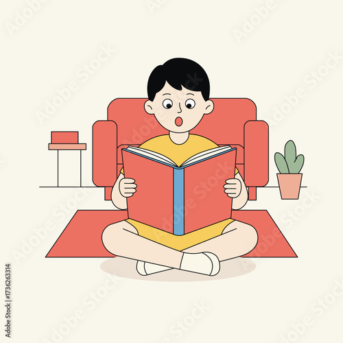 Flat vector of a child sitting on the floor reading a big book indoors, suitable for education, learning, childhood, family, and hobby themes.