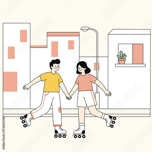 Cute flat vector of a young couple roller skating hand in hand in an urban street scene, perfect for lifestyle, sport, hobby, and modern activity designs.