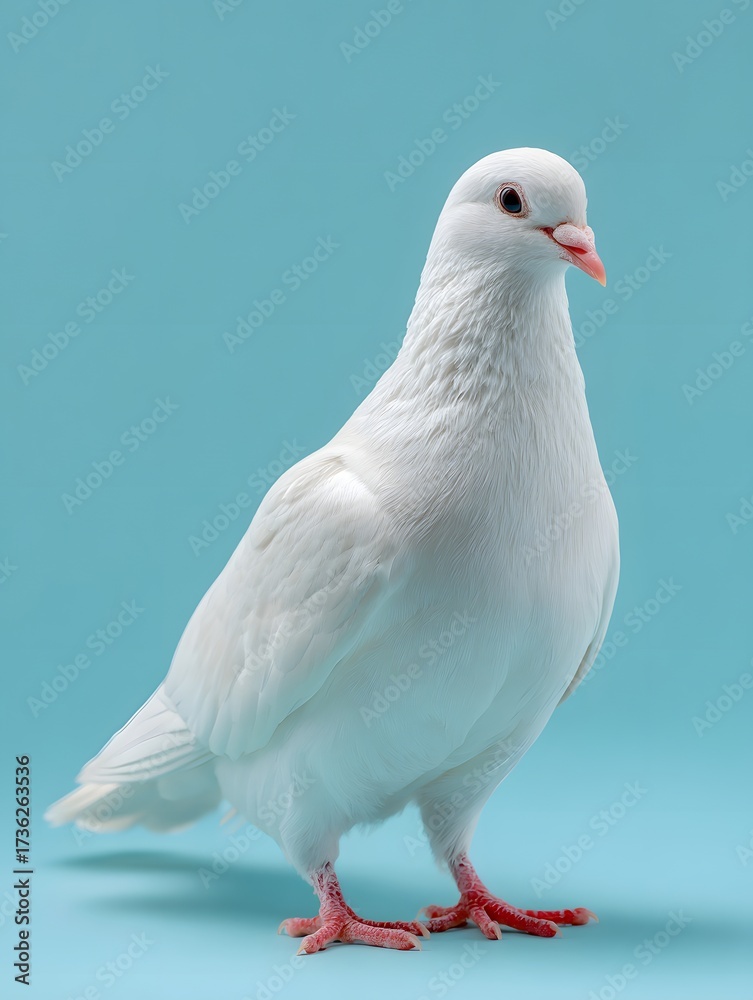 Obraz premium Pure White Dove Standing Tall Looking Sideways on Clear Aqua Blue Studio Background