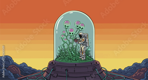 Astronaut tending to alien plants under a dome on a distant planet at sunset