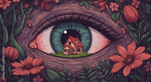 Surreal pixel art eye with a tiny house inside the iris surrounded by flowers