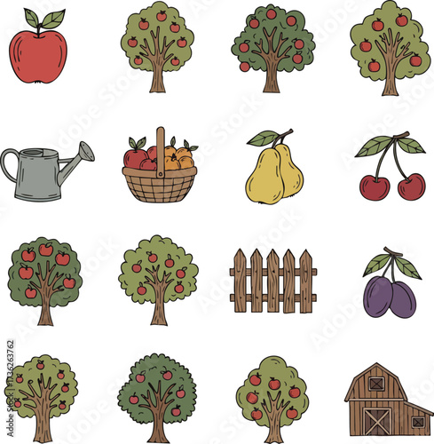 A collection of colorful, hand-drawn style icons depicting an orchard, including fruit trees, apples, pears, cherries, plums, a watering can, basket, fence, and barn.