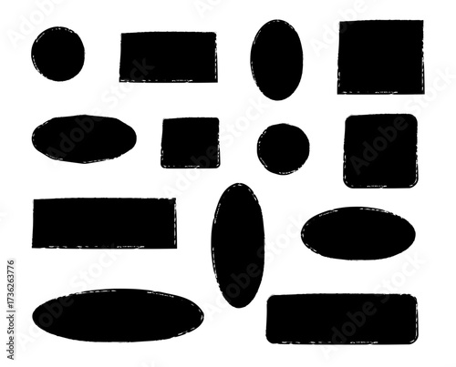 Black Brush Stroke Shapes Set | Grunge Design Elements, Frames, hand-drawn texture grunge brush rectangle, circle, round text border and Textured Overlays