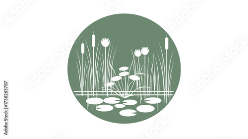 Water lilies float gracefully on a calm pond surrounded by tall grasses and cattails. The tranquil setting offers a sense of peace and natural beauty.