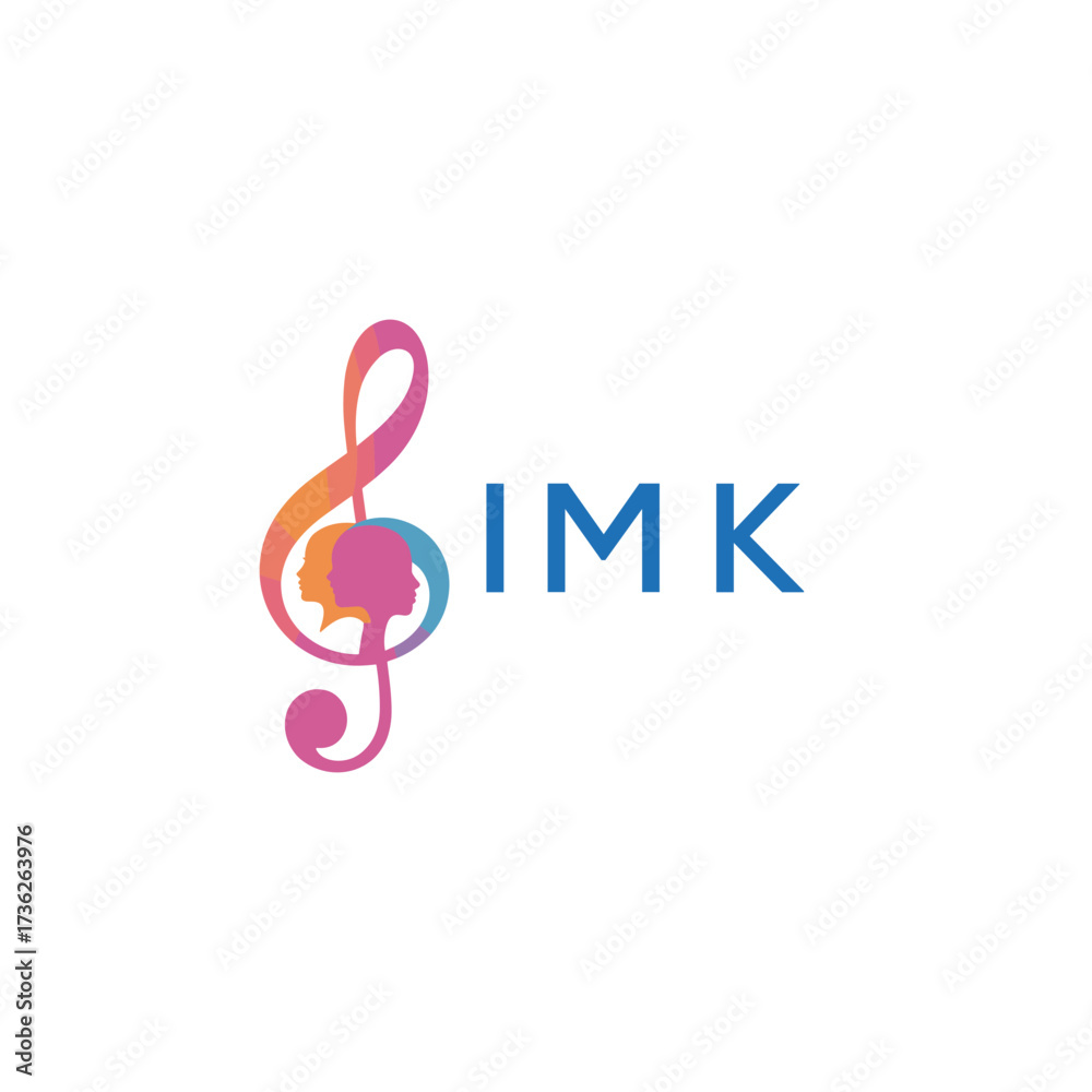 Fototapeta premium “Vibrant artistic treble clef with human profiles concept” IMK Later Logo, “Creative music academy logo with silhouette heads and notes” 