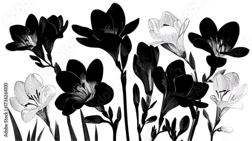 Elegant monochrome floral illustration featuring blooming freesias. Detailed black and white botanical graphic for sophisticated design.