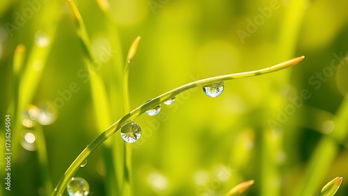 Morning dew glistens on tender grass blades, capturing the freshness of a spring day.