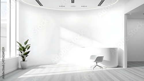Minimalist office reception with white curved wall, modern chair, and potted plant.