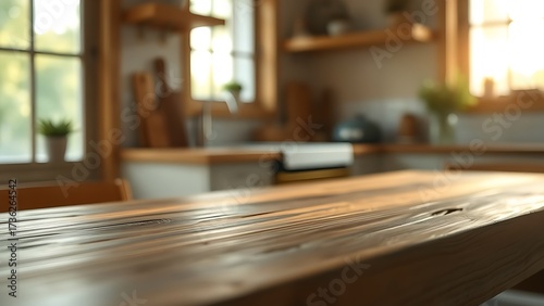 Rustic wooden table with natural textures, bathed in soft morning light from a nearby kitchen window.
