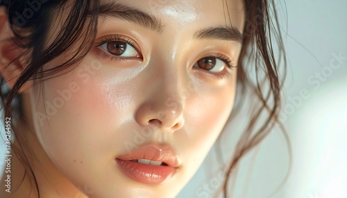 日本人, 超リアル, 若い美しい女性, 顔アップ, 滑らかな肌, ツヤのある肌質, ナチュラルメイク, 柔らかな光, 美容広告風, シネマティック, カメラ目線, 高画質, Japanese, ultra-realistic, young beautiful woman, face close-up, smooth skin, radiant complexion, natural makeup