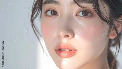 日本人, 超リアル, 若い美しい女性, 顔アップ, 滑らかな肌, ツヤのある肌質, ナチュラルメイク, 柔らかな光, 美容広告風, シネマティック, カメラ目線, 高画質, Japanese, ultra-realistic, young beautiful woman, face close-up, smooth skin, radiant complexion, natural makeup